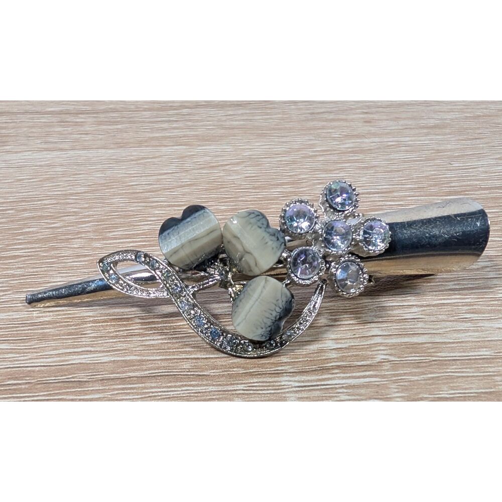 Vintage Rhinestone Floral Hair Barrette Clip Silver Tone Stone Accent